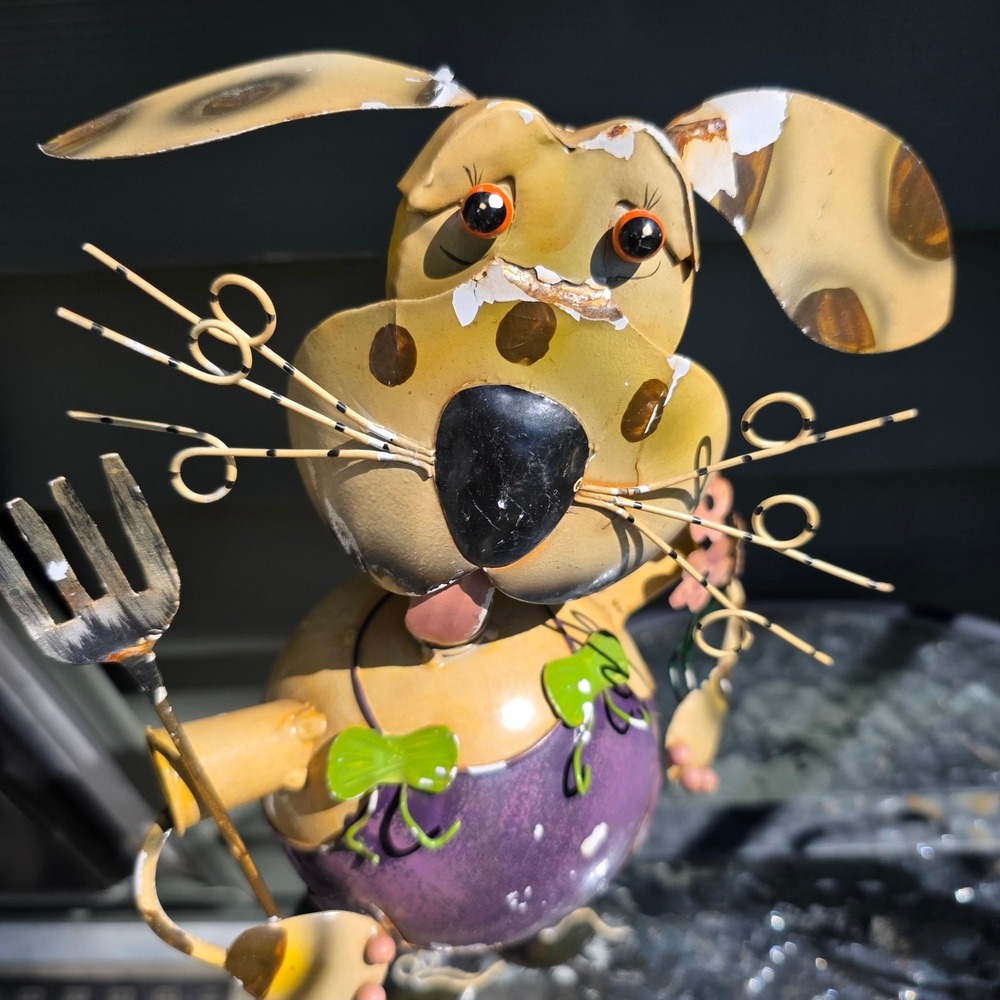 Whimsical Metal GARDEN Dog Statue Bobble Head Folk Art WEATHERED Decor 12 Inch